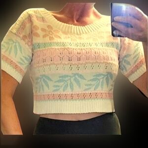 Vtg 80s white pink mint green floral leaves stripes sexy cropped sweater M-XL